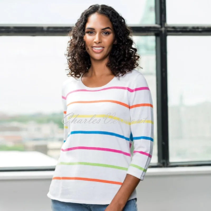 Alison Sheri Striped Sweater Top - Style A41112B (White / Multi) Mesh Fabric Canvas Fabric Denim Fabric Alison Sheri Striped Sweater Top - Style A41112B (White / Multi) Mesh Fabric Canvas Fabric Denim Fabric