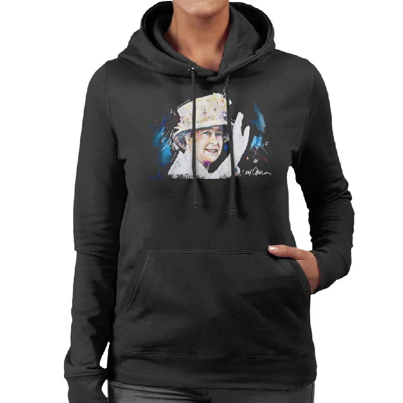 Sidney Maurer Original Portrait Of Queen Elizabeth Floral Hat Women's Hooded Sweatshirt Hoodie with Mock Neck Collared Structured Sidney Maurer Original Portrait Of Queen Elizabeth Floral Hat Women's Hooded Sweatshirt Hoodie with Mock Neck Collared Structured