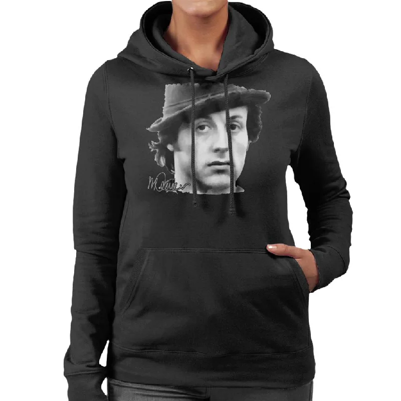 Sidney Maurer Original Portrait Of Sylvester Stallone Hat Women's Hooded Sweatshirt Hoodie with Mock Neck Collared Structured Sidney Maurer Original Portrait Of Sylvester Stallone Hat Women's Hooded Sweatshirt Hoodie with Mock Neck Collared Structured