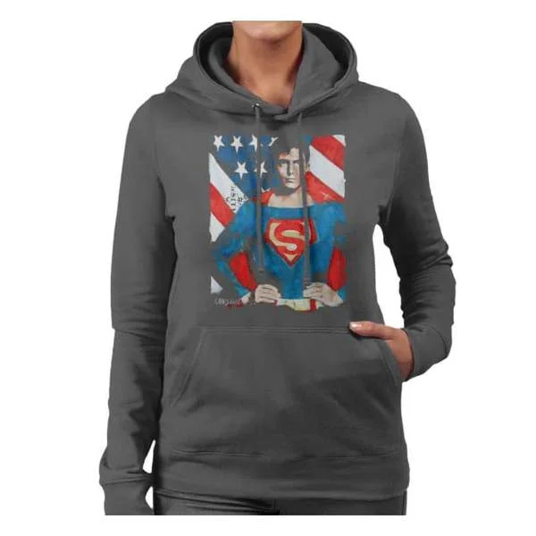 Sidney Maurer Original Portrait Of Superman Christopher Reeve Women's Hooded Sweatshirt Hoodie with Distressed Vintage Worn Sidney Maurer Original Portrait Of Superman Christopher Reeve Women's Hooded Sweatshirt Hoodie with Distressed Vintage Worn