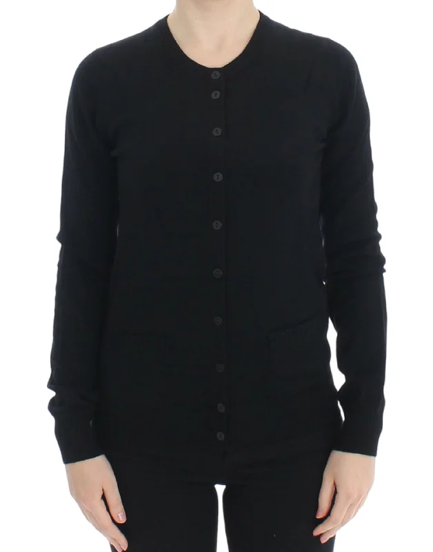 Elegant Black Wool Cardigan Sweater Chenille Blend Fleece Blend Nylon Blend