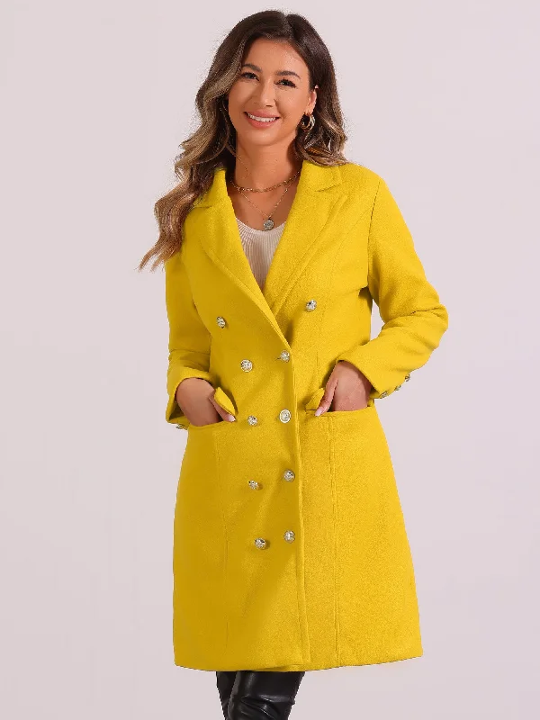 Notched Lapel Double Breasted Mid Long Winter Pea Coat Welt Pockets Slit Pockets Flap Pockets Notched Lapel Double Breasted Mid Long Winter Pea Coat Welt Pockets Slit Pockets Flap Pockets
