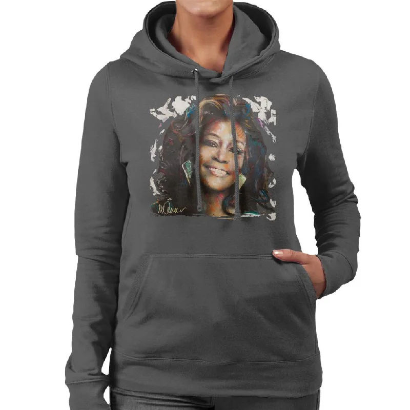 Sidney Maurer Original Portrait Of Whitney Houston White Women's Hooded Sweatshirt Hoodie with Mock Neck Collared Structured Sidney Maurer Original Portrait Of Whitney Houston White Women's Hooded Sweatshirt Hoodie with Mock Neck Collared Structured