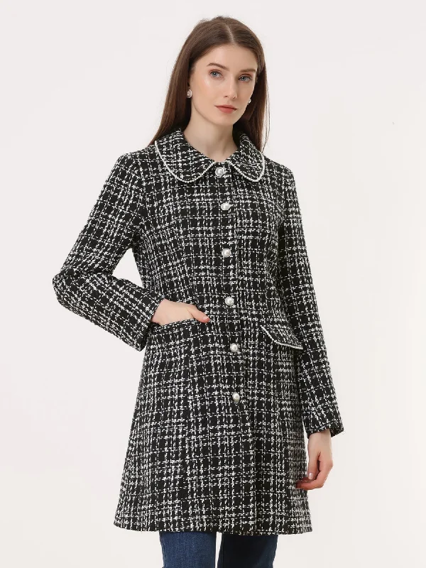 Doll Collar Plaid Tweed Winter Button Elegant Long Coat Knit Woven Fleece