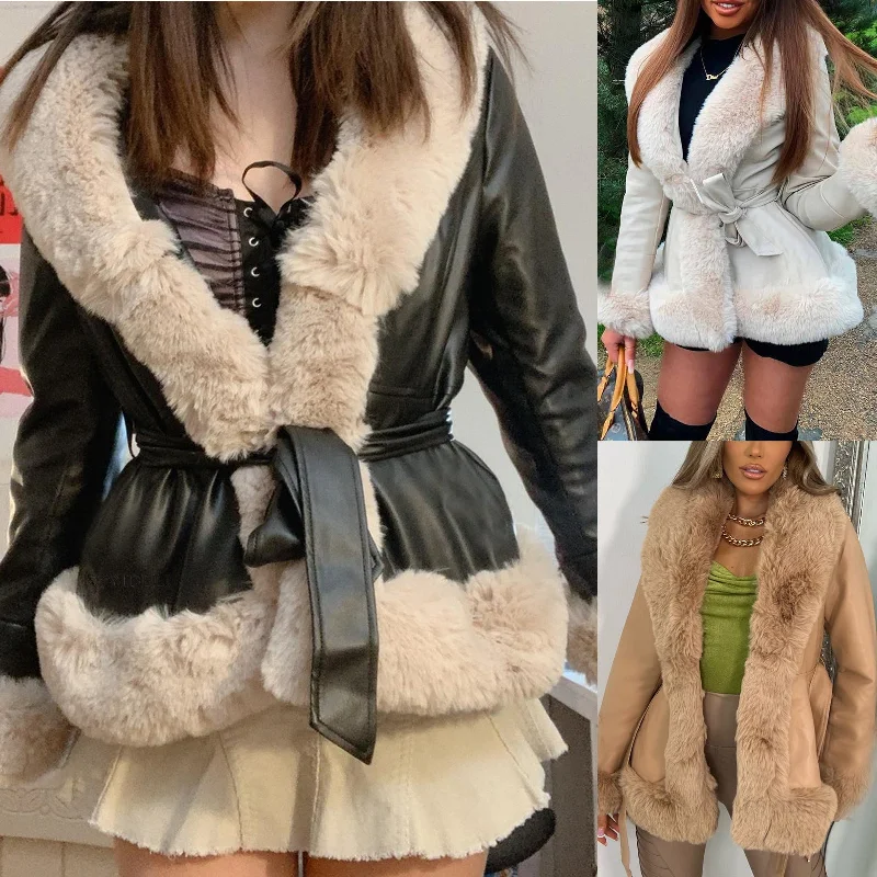 PU leather ladies' leather coat with large fur collar and waist (CL11992) Bomber Jacket Denim Jacket Leather Jacket