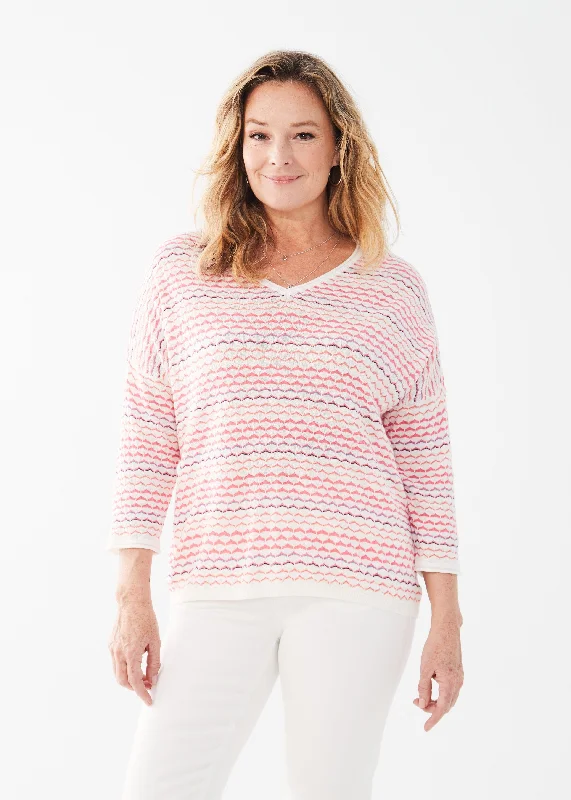 FDJ 3/4 Sleeve V-Neck Sweater 1271624-PKSP Pink Kia Stripe Denim Fabric Leather Fabric Suede Fabric FDJ 3/4 Sleeve V-Neck Sweater 1271624-PKSP Pink Kia Stripe Denim Fabric Leather Fabric Suede Fabric