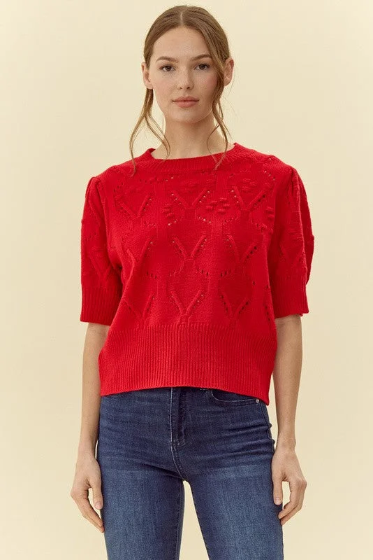 Red Alert Crochet Detail Sweater Top Front Pockets Side Pockets Patch Pockets
