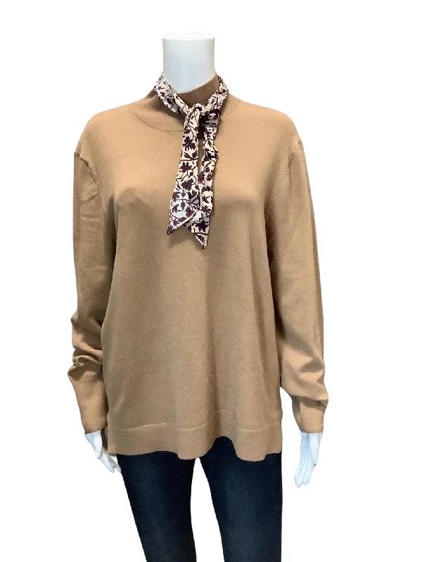 Ecru Women's Sweater Tan Ribbed Collar With Neck Tie Size: XL Turtle Neck Boat Neck Asymmetrical Neck Ecru Women's Sweater Tan Ribbed Collar With Neck Tie Size: XL Turtle Neck Boat Neck Asymmetrical Neck