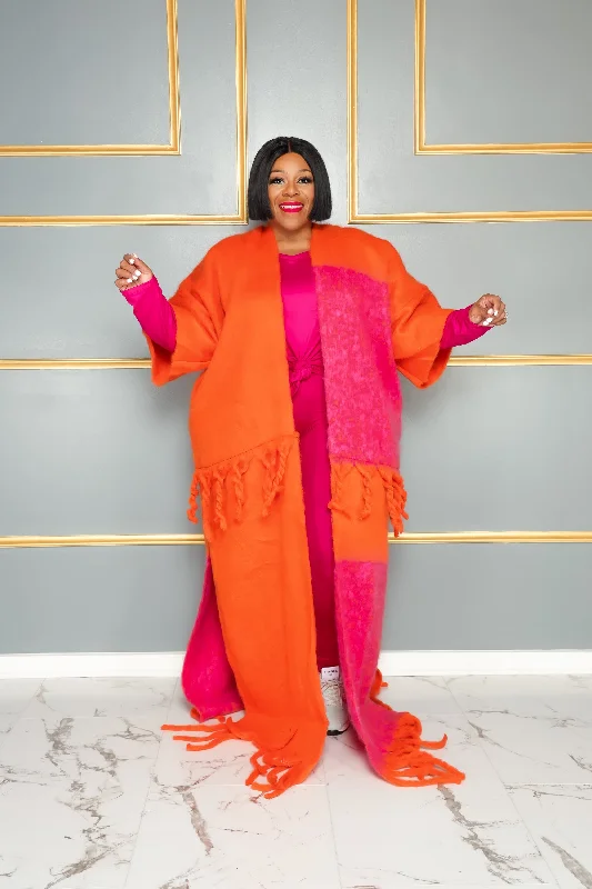 Orange & Pink Tassel Fuzzy Coat Tie-Waist Belted Drawstring
