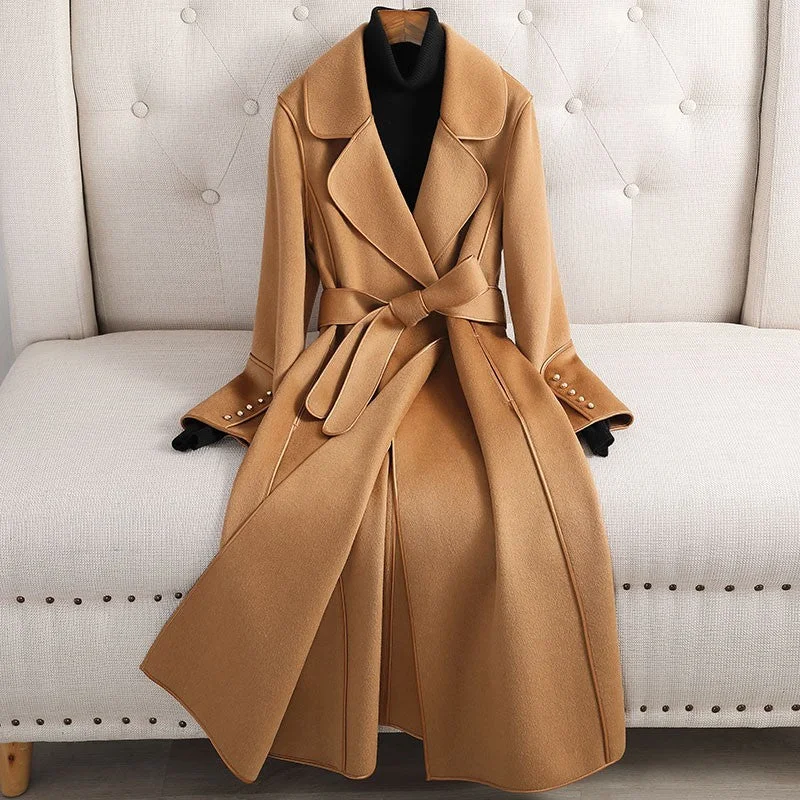 Women's Elegant Mid-length Over the Knee Woolen Coat Pockets Sleeves Lining
