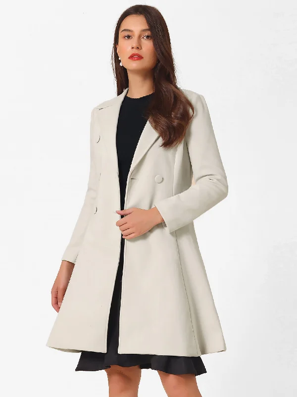 Long Winter Notch Lapel Collar A-Line Double Breast Coat Sequined Lace Ribbed