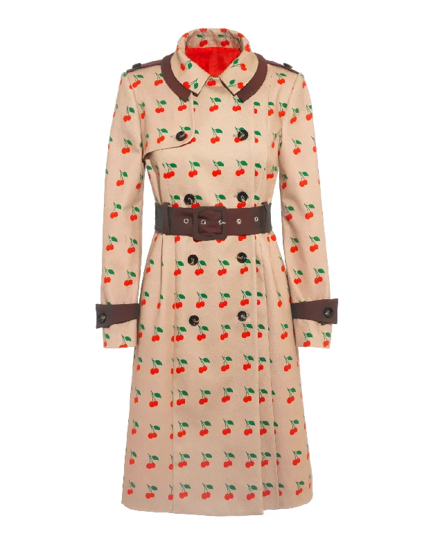 Andy Sand Cherry Print Trench Coat Front Pockets Side Pockets Patch Pockets