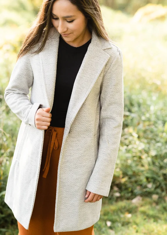 Gray Collared Herringbone Coat Raincoat Turtleneck Coat Wrap Coat