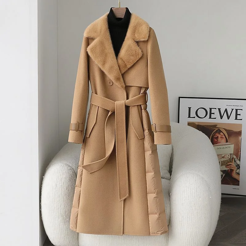 Women's Faux Fur Collar Down Long Coat Vent Hem Cuff