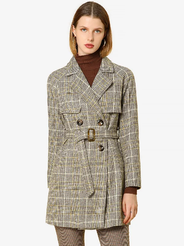 Tweed Plaid Notch Lapel Double Breasted Belted Coat with Pockets Asymmetrical Diagonal princess