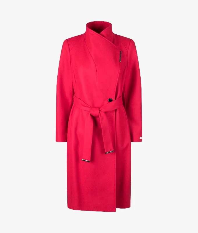 Rose mid length belted wool wrap coat in red empire Basque Peplum
