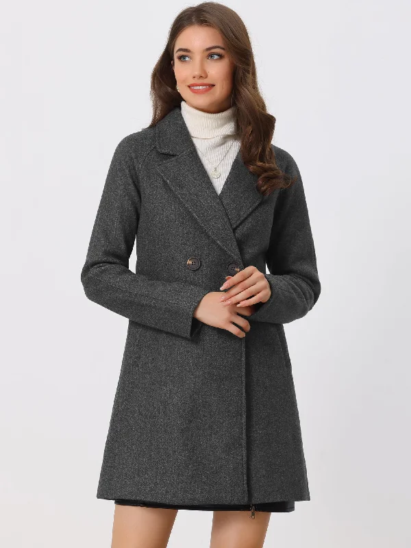Notched Lapel Raglan Double Breasted Winter Coat Appliqued Beaded Sequined