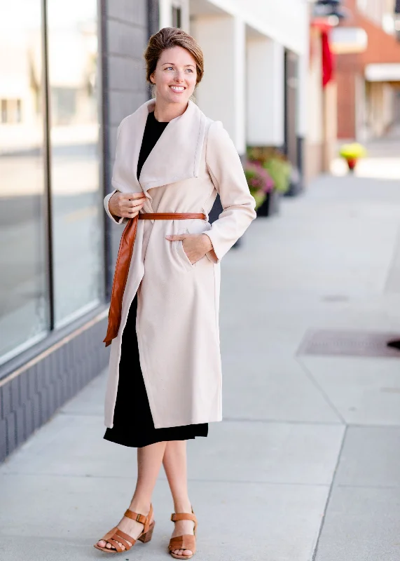 Natural Draped Neck Belted Coat - FINAL SALE Print Jacquard Embroidered