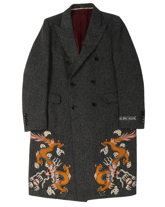 Embroidered Wool Coat Denim Leather Suede