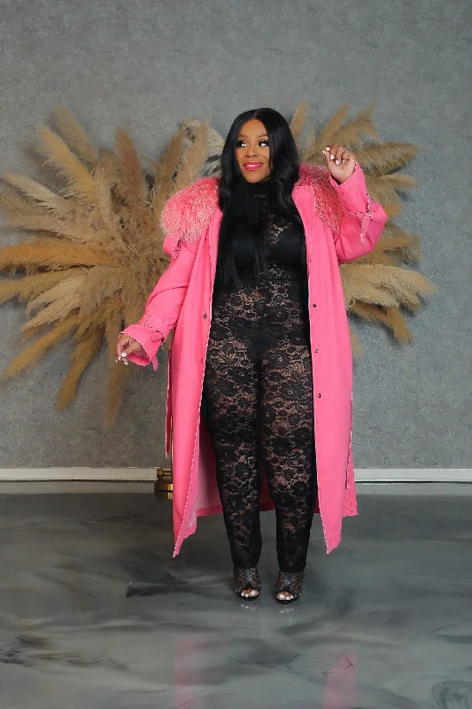 Pink Fur Collar Long Denim Trench Coat Blazer Duffle Coat Pea Coat