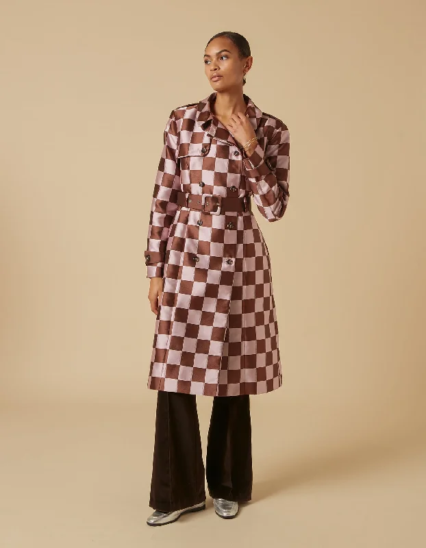 Emily Pink Brown Puzzle Print Trench Coat Appliqued Beaded Sequined