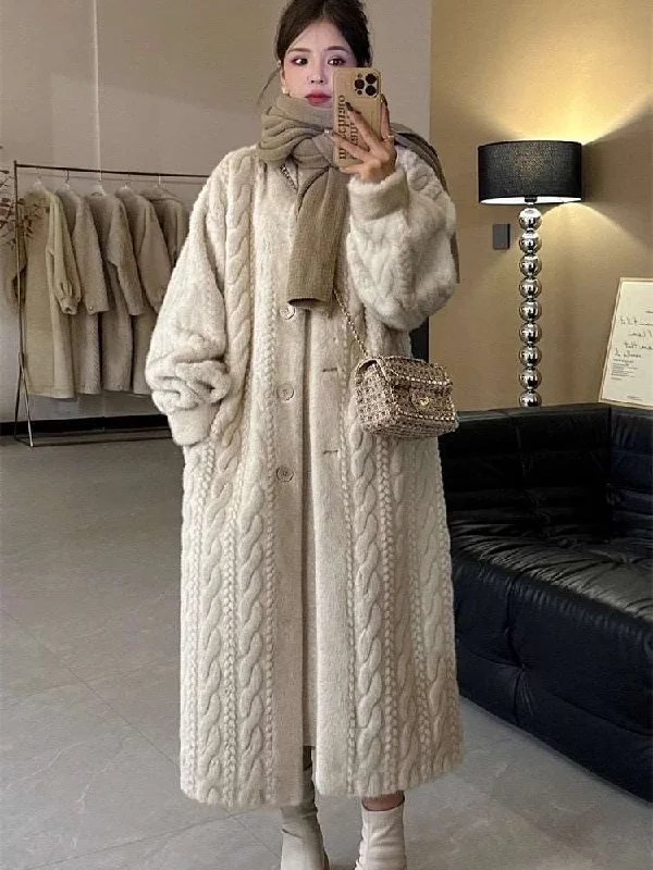 Women's Elegant Twist Knit Faux Fur Coat Fitted Loose Oversized