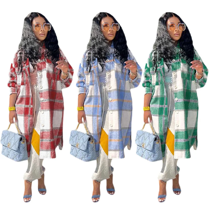 Plaid Single-Breasted Pure Cotton Coat（CL10918） Pockets Sleeves Lining