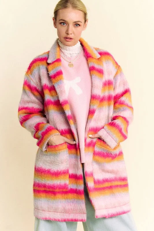 Davi & Dani Contrast Striped Open Front Coat with Pockets Hook-and-Loop Buckled Tied Davi & Dani Contrast Striped Open Front Coat with Pockets Hook-and-Loop Buckled Tied