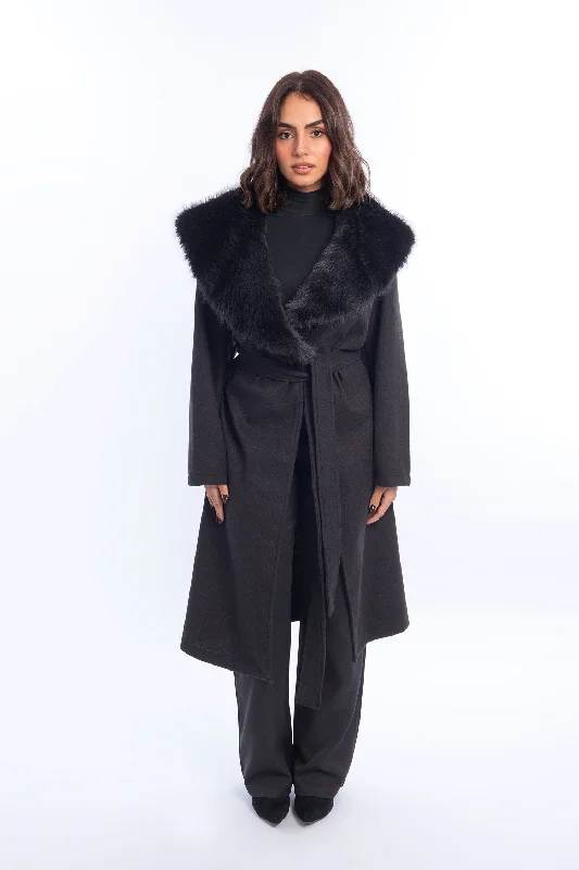 Glam Fur Wool Coat - Leocansa Buttoned Zippered Snapped