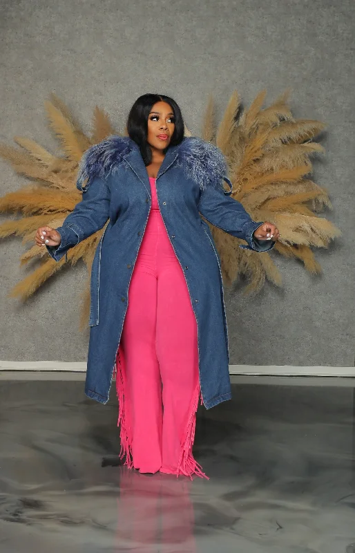 Blue Fur Collar Long Denim Trench Coat Bomber Jacket Denim Jacket Leather Jacket