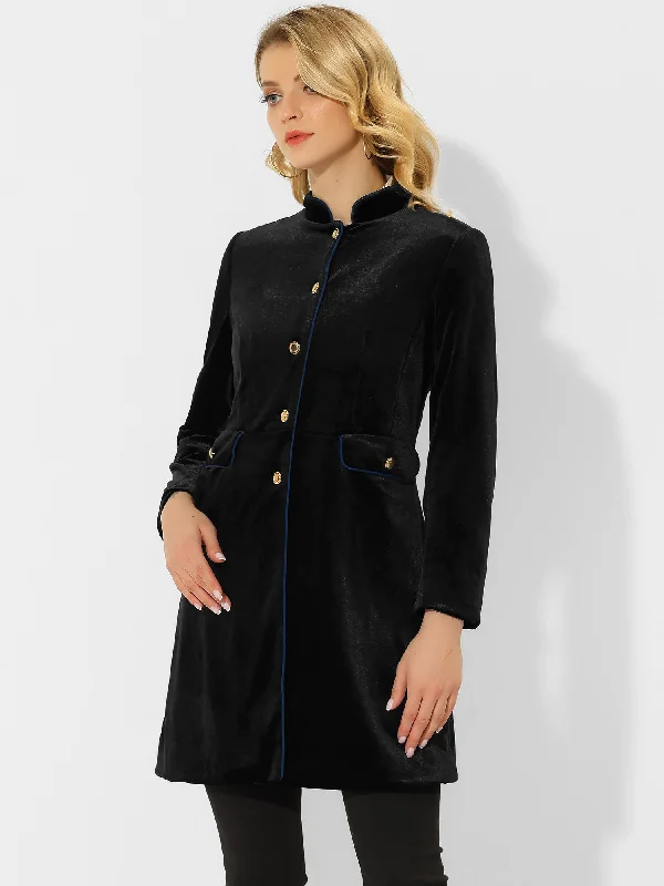 Velvet Contrast Trim Pockets Stand Collar Single Breasted Long Coat Bomber Denim Leather