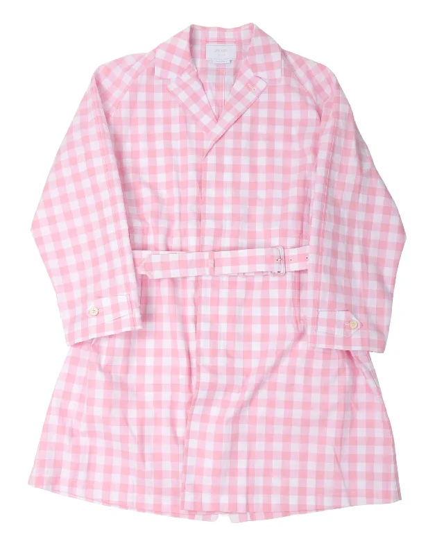 Plaid Gingham Trench Coat Trim Padded Insulated