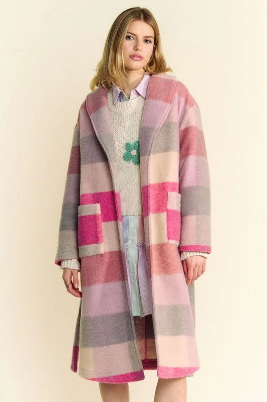 Davi & Dani Tied Color Block Collared Neck Coat Elasticated Drawstring Belted