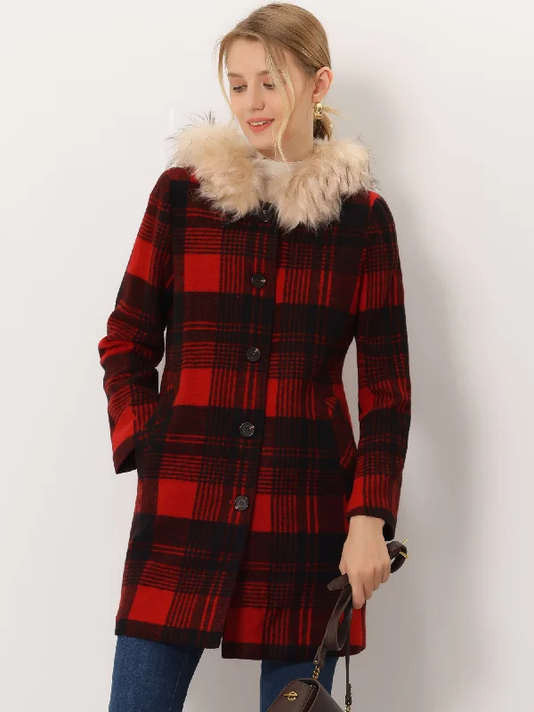Winter Thick Button Front Pockets Check Plaid Coat with Fluffy Hood Welt Pockets Slit Pockets Flap Pockets