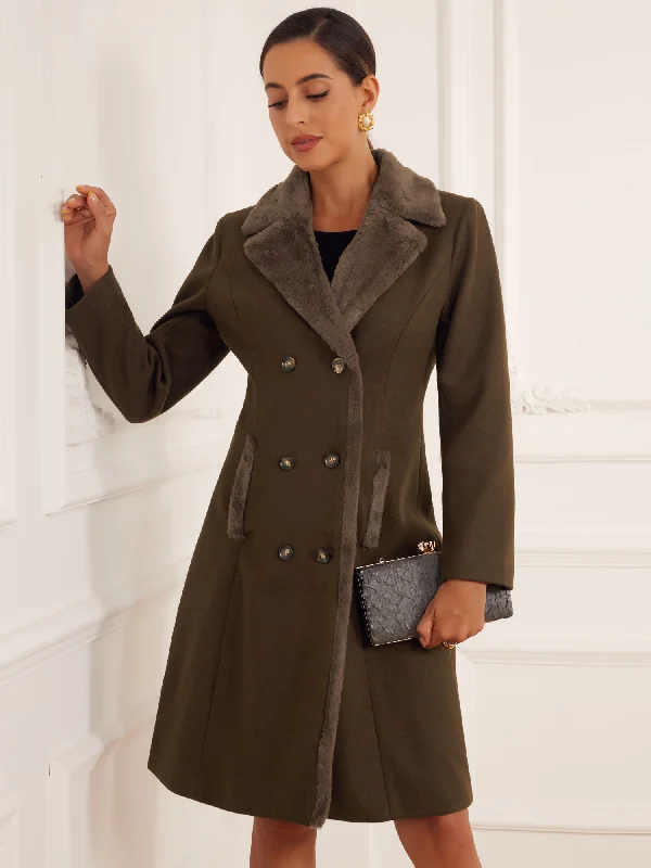 Faux Fur Lapel Double-Breasted Winter Warm Pea Coats Mesh Canvas Denim