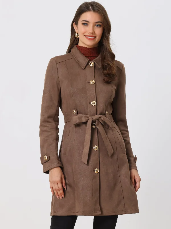 Vintage Faux Suede Mid-Thigh Belted Single Breasted Trench Coat Striped Polka Dot Floral Vintage Faux Suede Mid-Thigh Belted Single Breasted Trench Coat Striped Polka Dot Floral