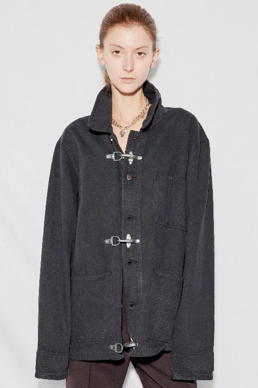 Black Overdye Denim Fireman Field Coat Knit Woven Fleece