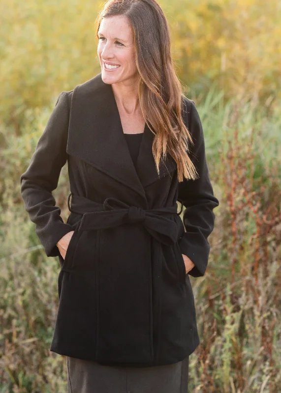 Black Collared Belted Fleece Coat - FINAL SALE Suede Jacket Faux Fur Jacket Puffer Jacket
