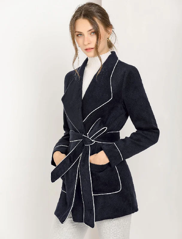 Turn Down Collar Tie Belt Winter Pea Wool Wrap Coat Bodycon Sheath Shift
