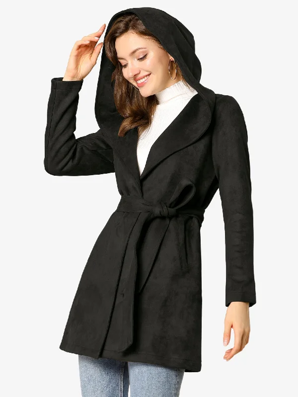 Faux Suede Hooded Winter Long Sleeve Belted Wrap Coat Trapeze Tunic Caftan