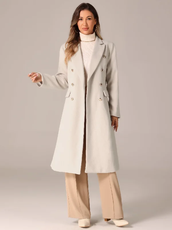 Double Breasted Notched Lapel Collar Long Winter Pea Coat Rayon Velvet Corduroy