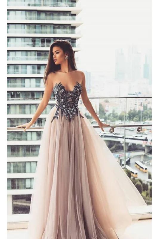 Scoop Prom Dress Tulle Scoop Floor Length Appliques P8JP9JZT