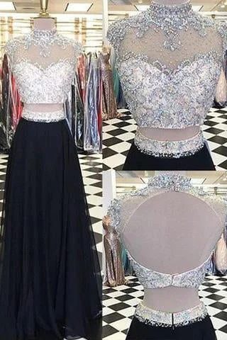Glamorous Two Piece High Neck Cap Sleeves Long Black Prom Dress with Beading Open Back Glamorous Two Piece High Neck Cap Sleeves Long Black Prom Dress with Beading Open Back
