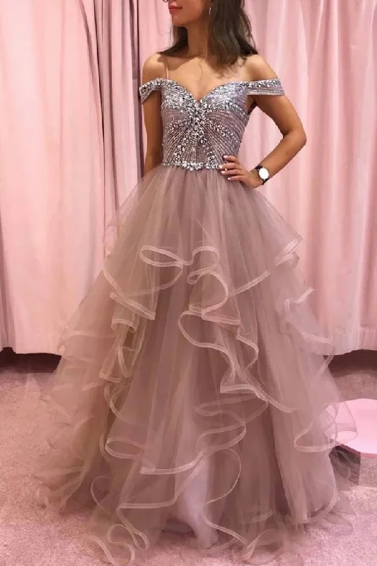 Rhinestones Bodice Multi Layered Bottom Classic Prom Dresses Tulle PRRFDL9L