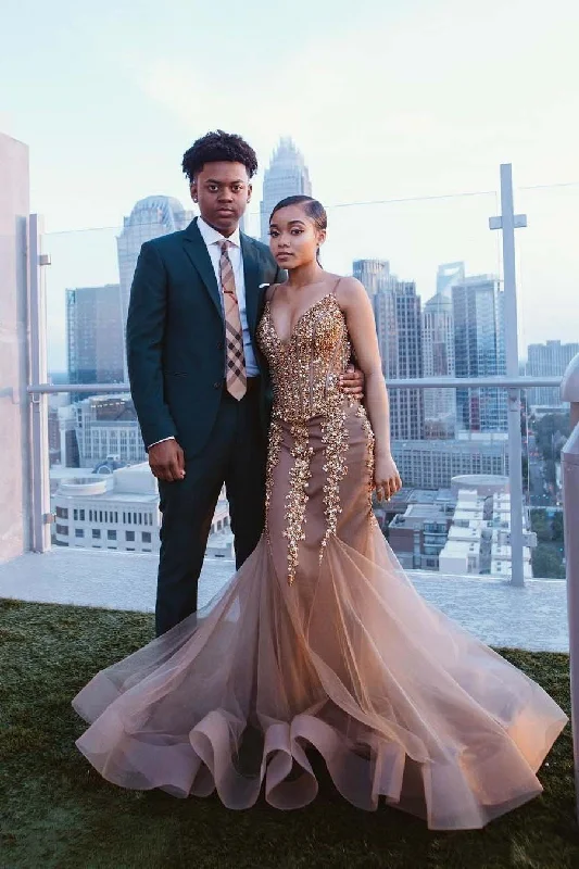 Mermaid Brown Sweetheart Beads Crystals Tulle Backless Prom Dresses Formal Dresses