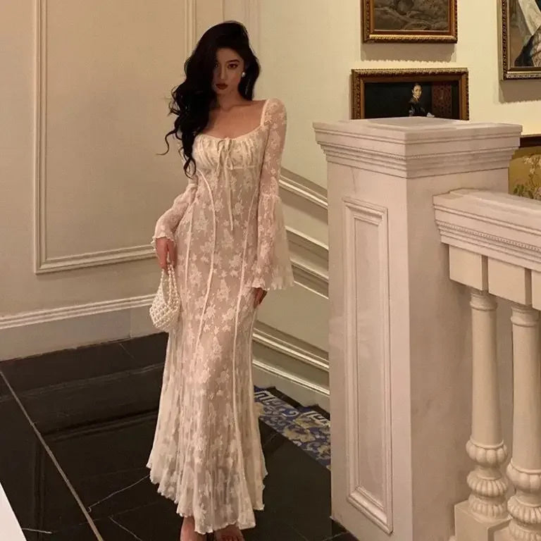 Getadme New Style Retro Lace Women’s Dress Holiday Clothing With Bell Sleeves And Slim Fit Long Elegant And Pretty Party Female Dresses.