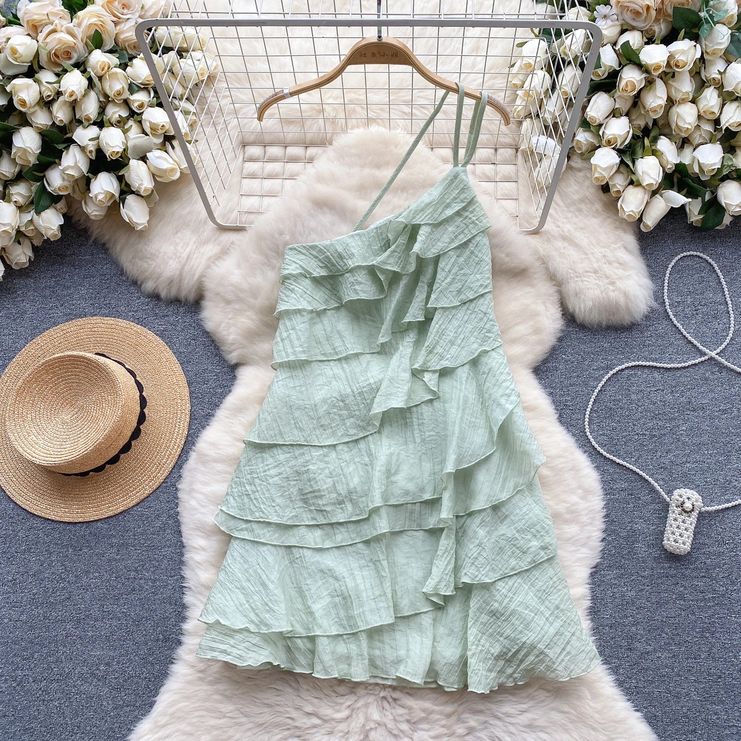Summer Dress Women Diagonal Collar Flounced Edge Tierred Vocation Vestidos Female Exposed Shoulders Dresses Summer Dropshipping