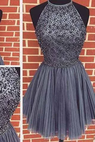 Sexy Backless Junior Short Open Back Halter Beads Tulle Gray Prom Dress Homecoming Dress Sexy Backless Junior Short Open Back Halter Beads Tulle Gray Prom Dress Homecoming Dress