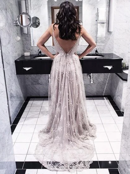 Lace Backless Long Light Purple Spaghetti Straps V-Neck A-Line Sleeveless Prom Dresses Lace Backless Long Light Purple Spaghetti Straps V-Neck A-Line Sleeveless Prom Dresses