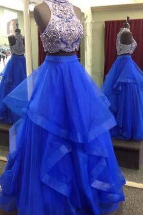 Royal Blue Two Piece Beaded Bodice Tulle Skirt Ball Gown Halter Sleeveless Prom Dresses Royal Blue Two Piece Beaded Bodice Tulle Skirt Ball Gown Halter Sleeveless Prom Dresses